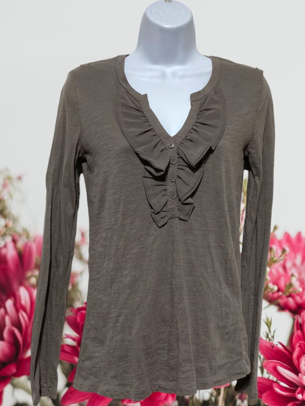 Loft-Women's X-Small Grey Pullover Cotton Top Long Sleeve Ruffle V-Neckline
